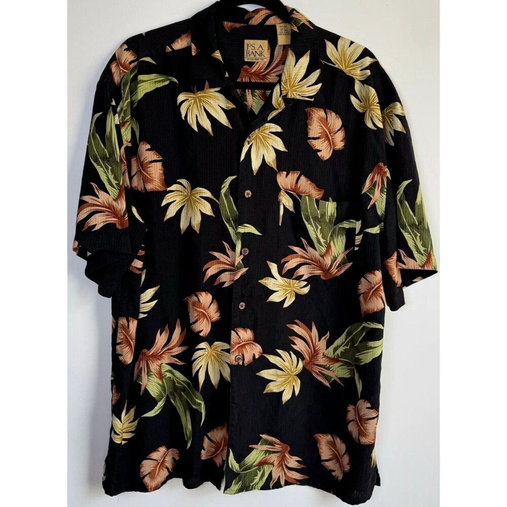 Jos A Bank 100% Silk Hawaiian Camp Shirt Men's‎ Large Black Tropical Floralwhat